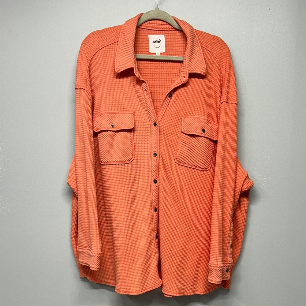 Aerie LumberJane Waffle Shirt Orange Oversized Shacket Size XL - Picture 2 of 4